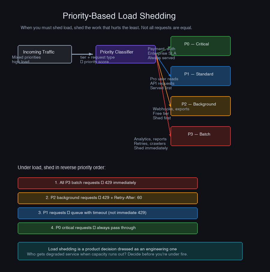 Priority-based load shedding — tier mapping, heap mechanics, age-based priority boosting