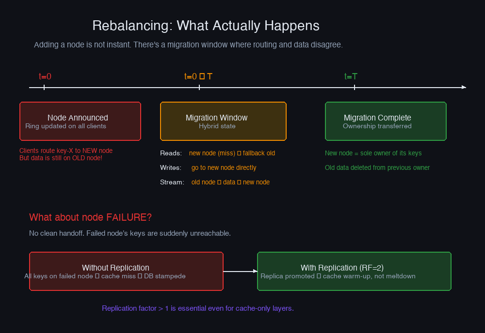 Rebalancing timeline — node announced, migration window, ownership transferred