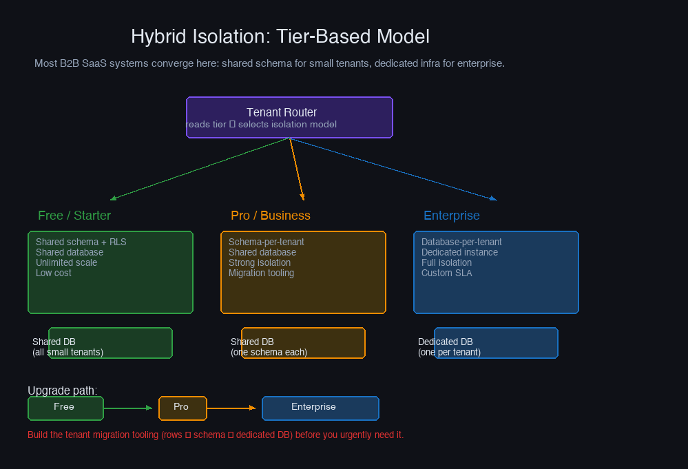 Hybrid multi-tenancy model — free tenants in shared schema, pro in schema-per-tenant, enterprise on dedicated databases