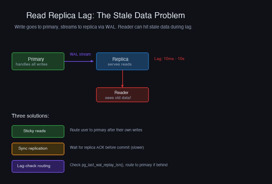 Read replica lag — WAL streams to replica, reader hits stale data, three fixes
