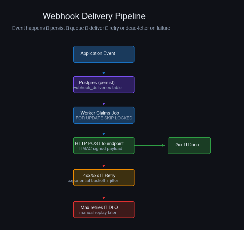 Webhook delivery pipeline — persist, queue, deliver, retry, dead-letter