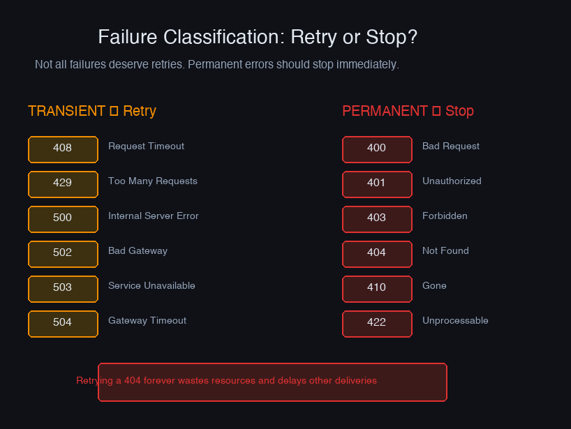 Failure classification — transient errors retry, permanent errors stop